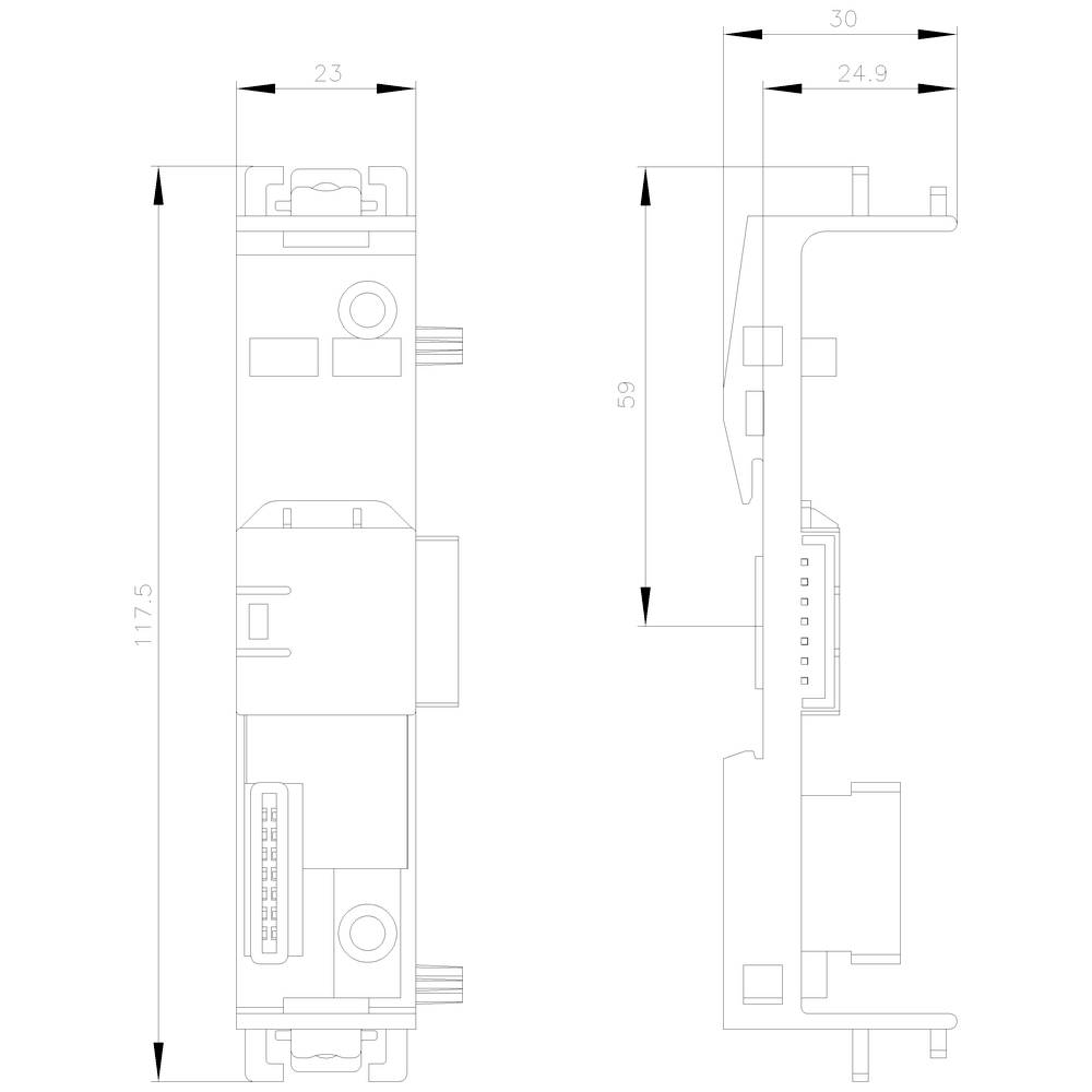 Dessin technique d'un composant électronique avec dimensions en millimètres. Vue latérale et vue de face, dimensions : 117,5 x 23 x 59 x 30 mm.