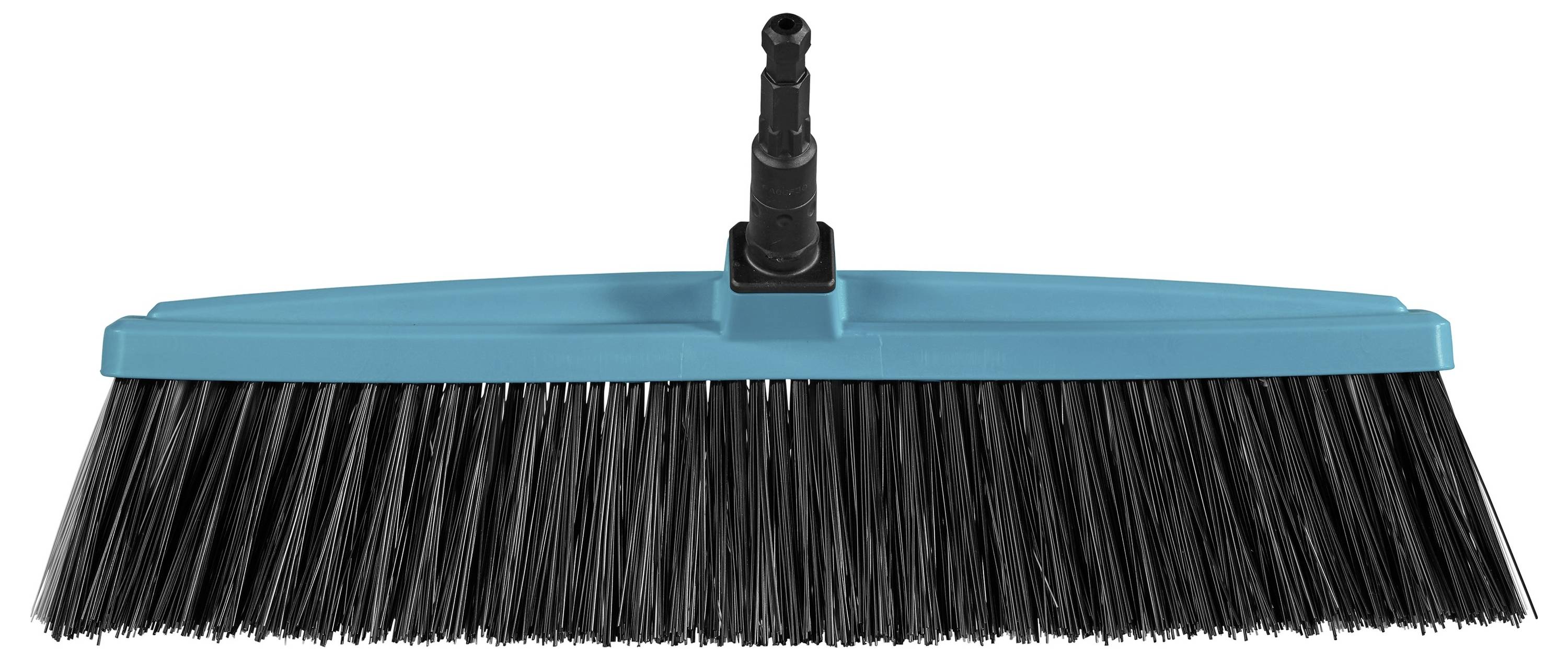 Un balai avec des poils en plastique bleus et un adaptateur de manche en plastique au centre.