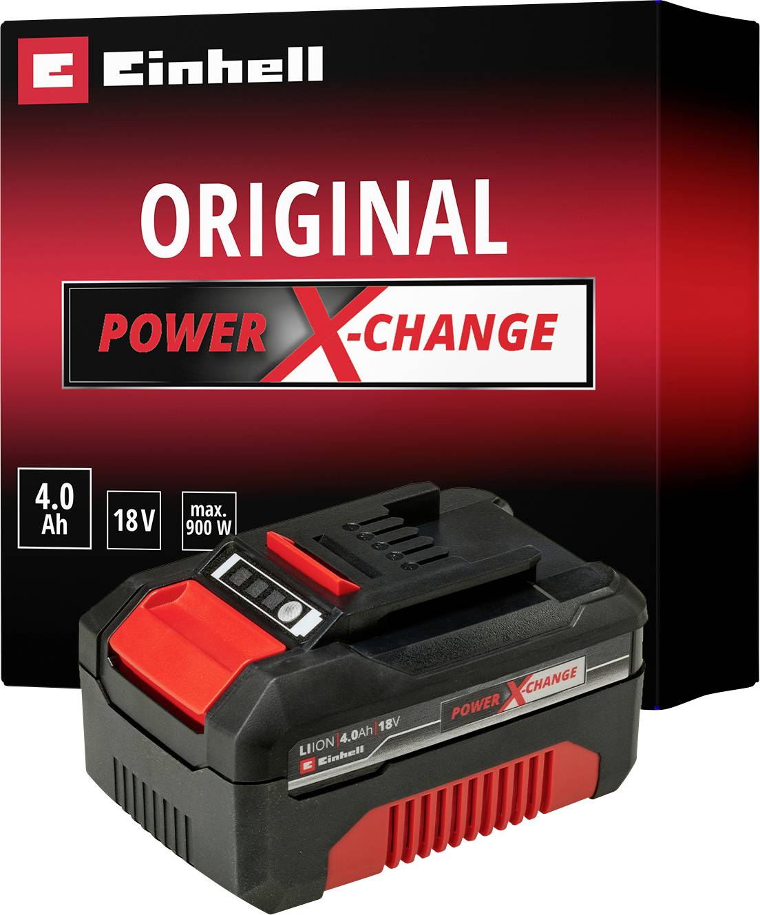 « Deux batteries Einhell Power X-Change avec indicateur de charge à LED et boîtier rouge. »