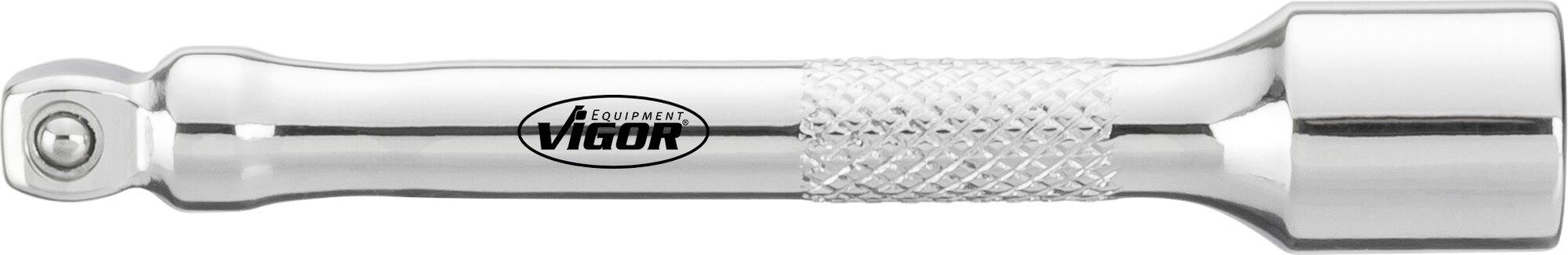 Clé à levier chromée avec poignée striée et logo 'Vigor' au centre. Conçue pour serrer ou desserrer des vis.