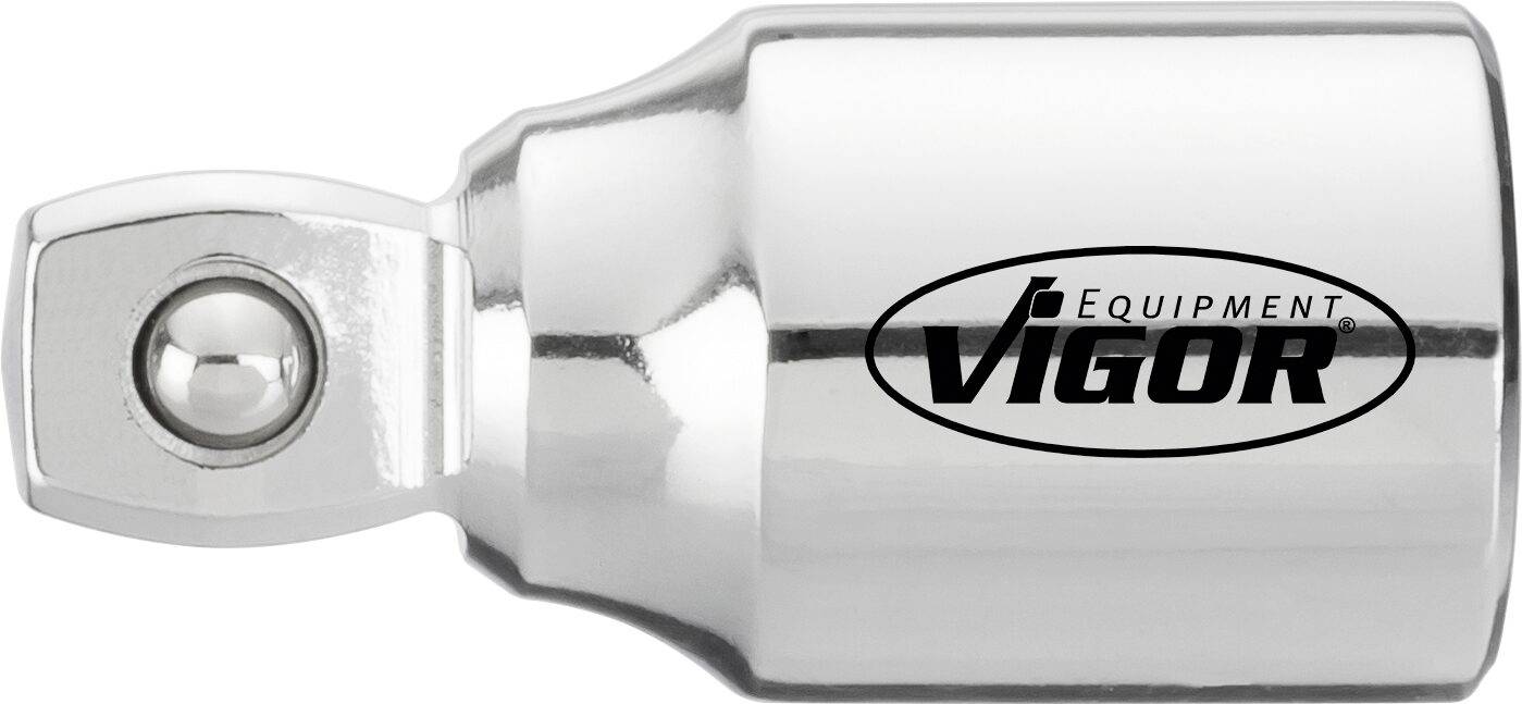 Adaptateur métallique à articulation pivotante, portant le logo 'VIGOR Equipment'. Utilisé à des fins de connexion mécanique.