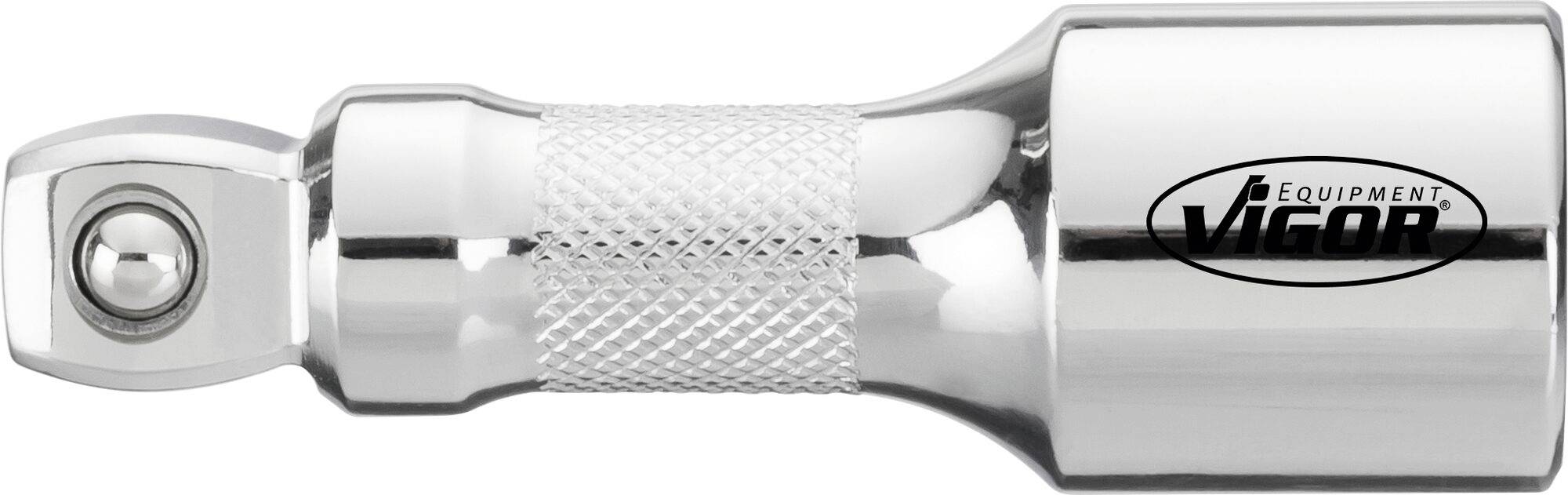 Un manche d'outil argenté avec une poignée rainurée, une tête pivotante et le logo 'Vigor Equipment', utilisé à des fins mécaniques.