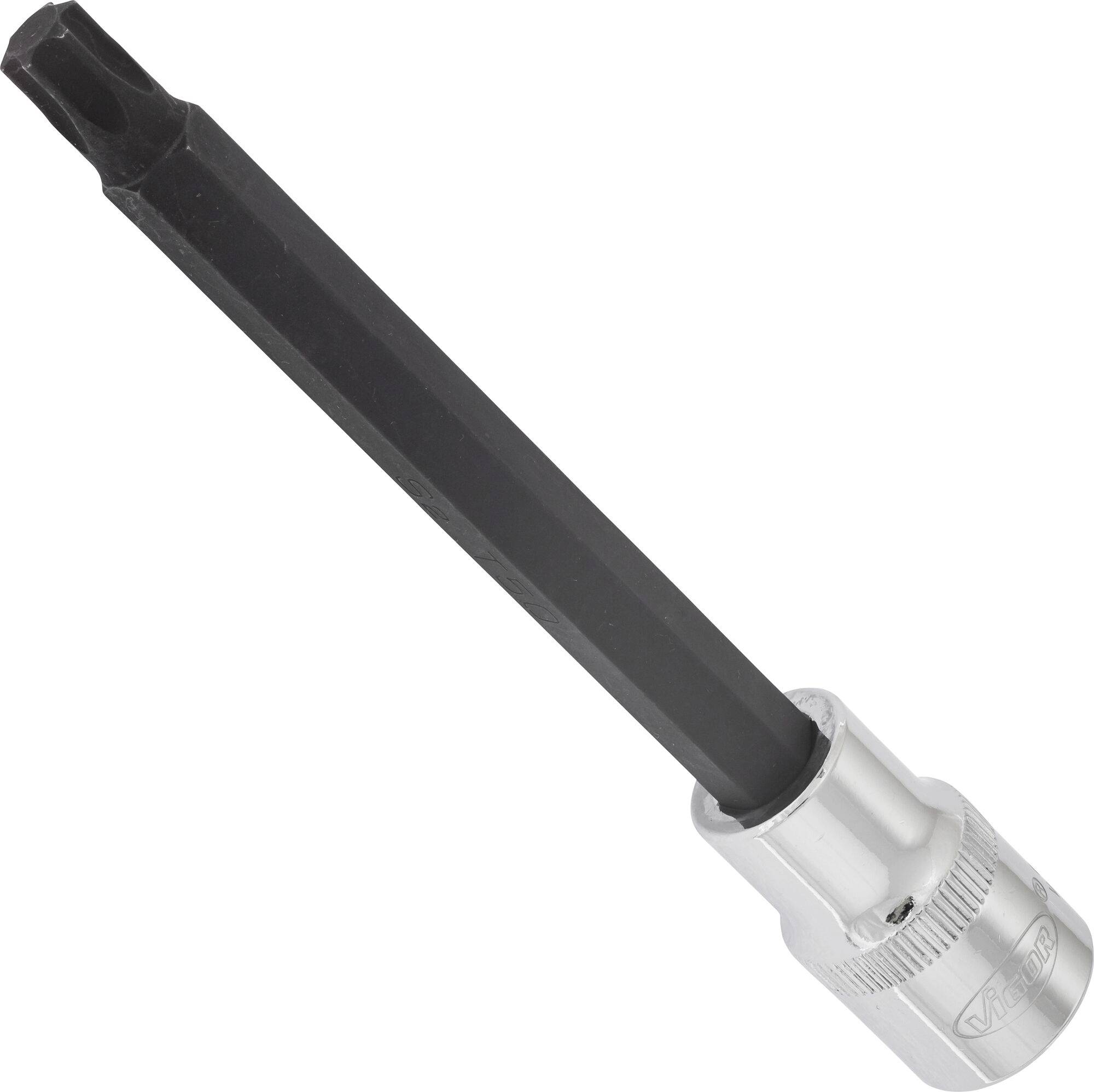 Une clé Torx noire avec une tige longue et une tête argentée, souvent utilisée pour visser et réparer.