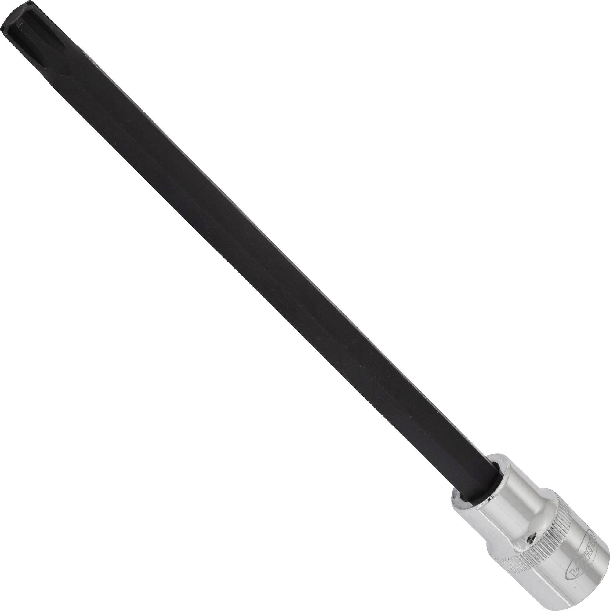 Antenne noire cylindrique avec base argentée, orientée en diagonale vers le haut à droite. Elle est située sur un fond blanc.