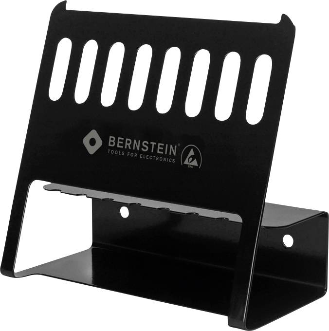 Support noir avec dos ajouré, offrant un espace de rangement en dessous. Le logo indique « Bernstein Tools for Electronics ». Conçu pour organiser les outils.