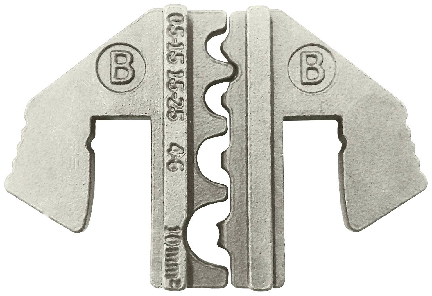 Objet métallique au design symétrique, marqué d'un 'B', contenant des échelles '05-15 15-25' et '10 mm'.