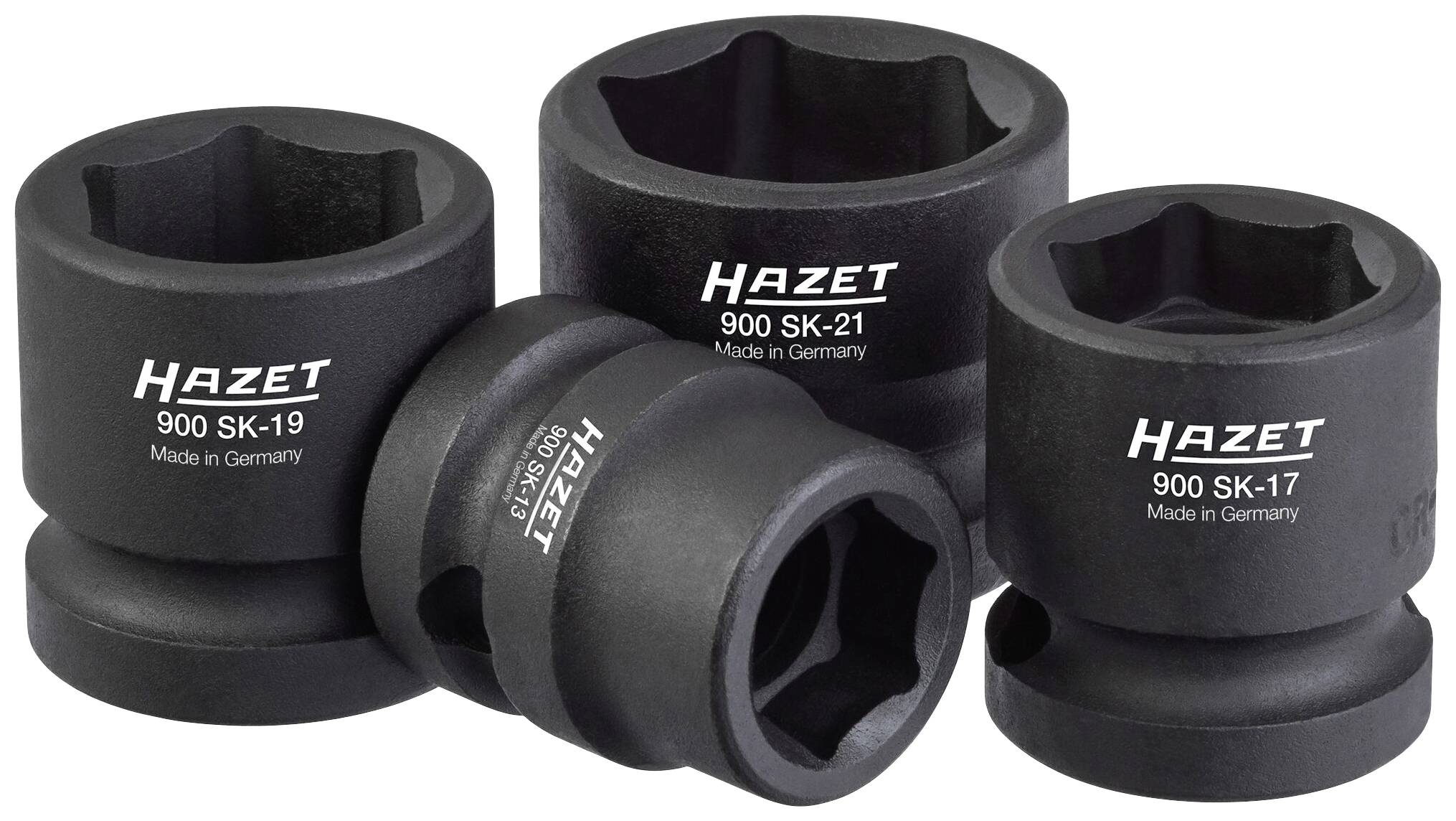 Quatre douilles noires Hazet, modèles 900 SK-19, 900 SK-17, 900 SK-21 et 900 SK-13, portant l'inscription 'Made in Germany'.