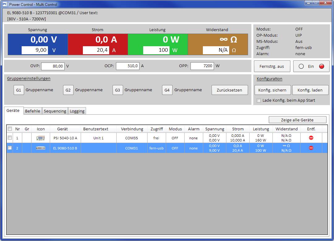 Interface logicielle 'Contrôle de puissance - Contrôle principal' avec des indicateurs de tension, de courant et de puissance. En bas : gestion des appareils avec indications de statut.