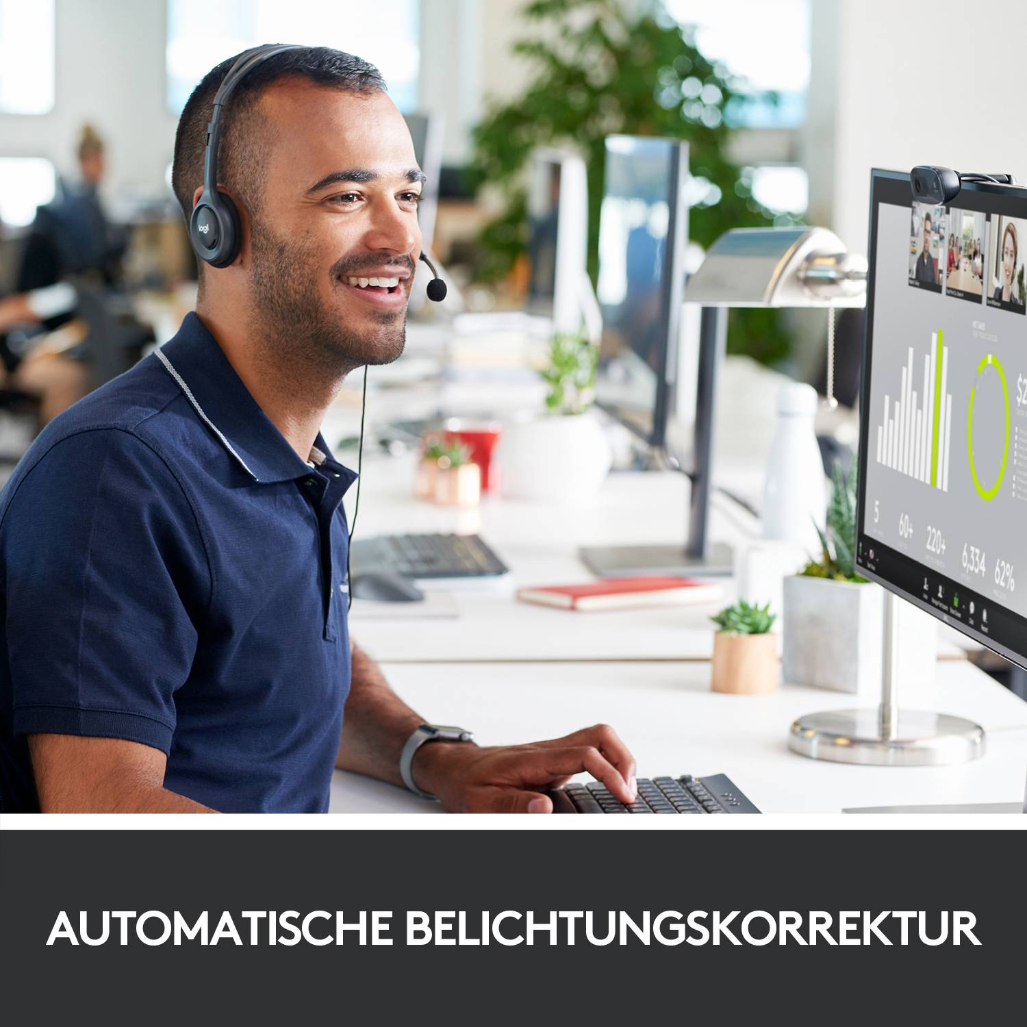 Webcam HD 1280 x 720 Pixel Logitech C270 pied de support, support à pince