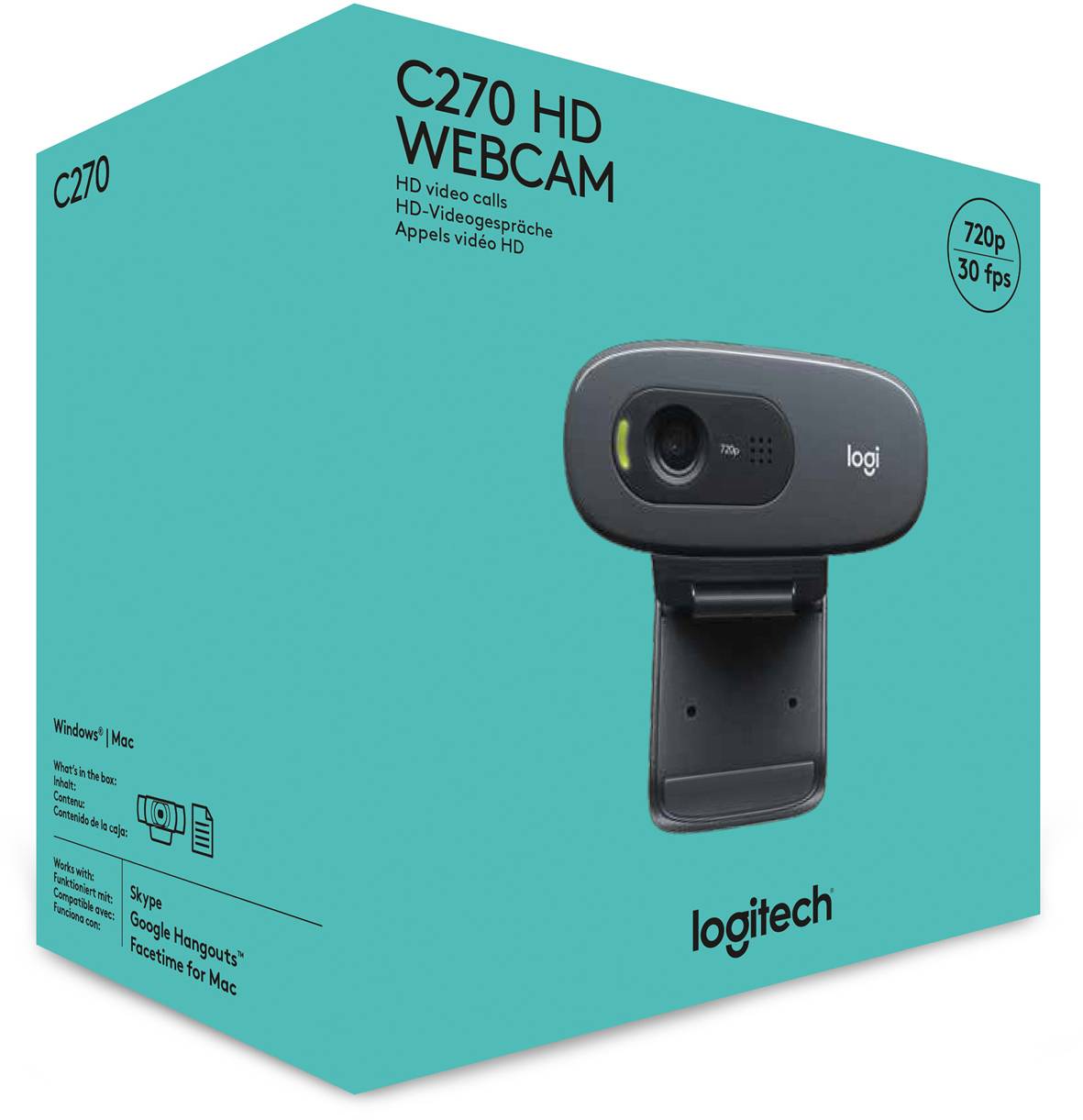 Webcam HD 1280 x 720 Pixel Logitech C270 pied de support, support à pince
