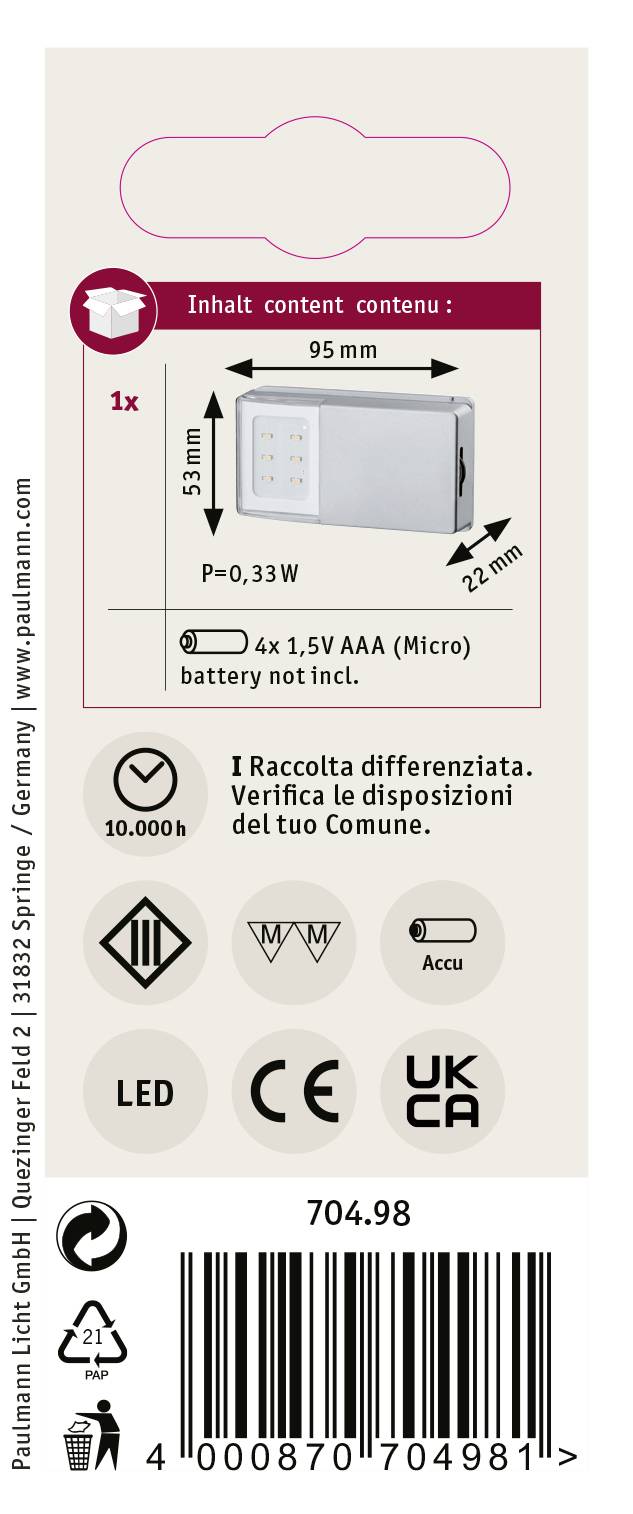 Lumière LED, nécessite 4 piles AAA (non fournies), durée de vie 10 000 h, symboles CE, UKCA, tri des déchets et recyclage.