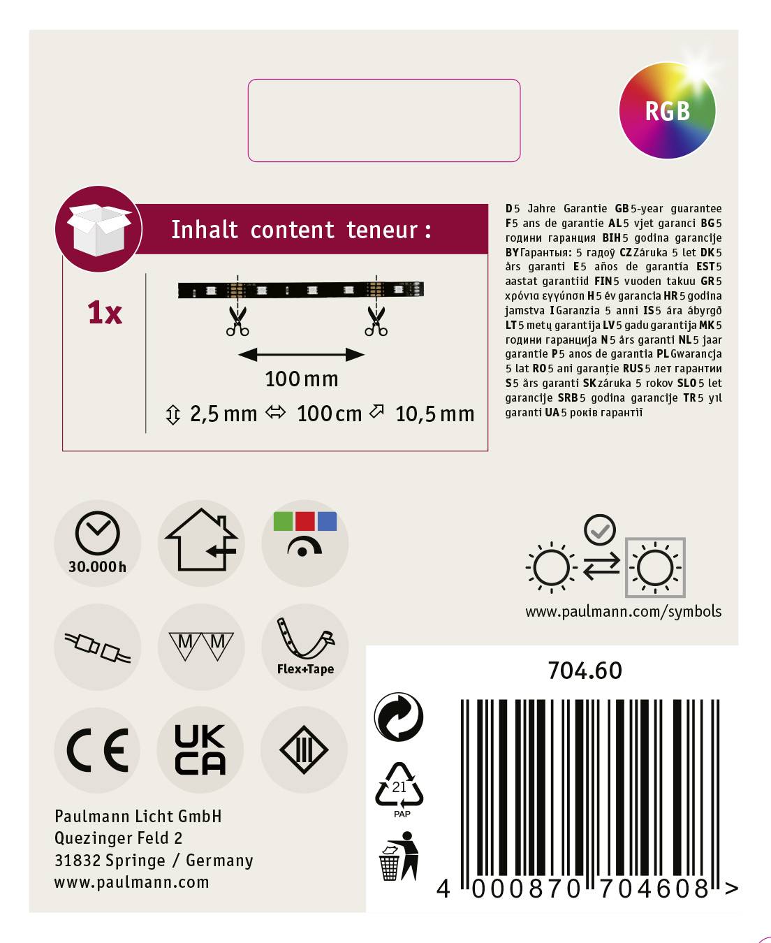 Un bandeau LED RVB avec technologie FlexTape. Longueur : 2,5 m à 100 m, largeur : 10,5 mm. Comprend un code QR pour plus d'informations.