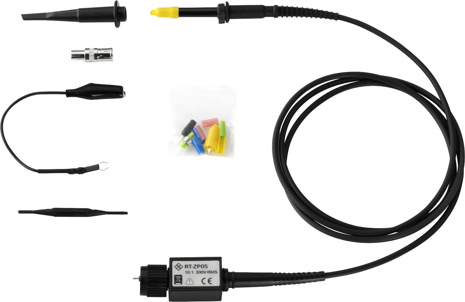 Une sonde de mesure pour oscilloscopes avec différents adaptateurs et marquages colorés. Utilisée pour mesurer des signaux électriques.