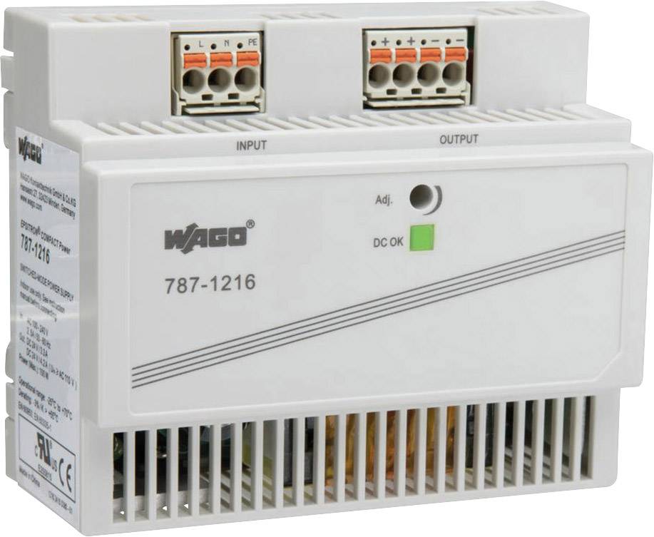 Alimentation en courant continu dans un boîtier gris, avec des connexions d'entrée et de sortie en haut. Numéro de modèle '787-1216'. Le voyant LED s'allume en vert pour indiquer 'DC OK'.
