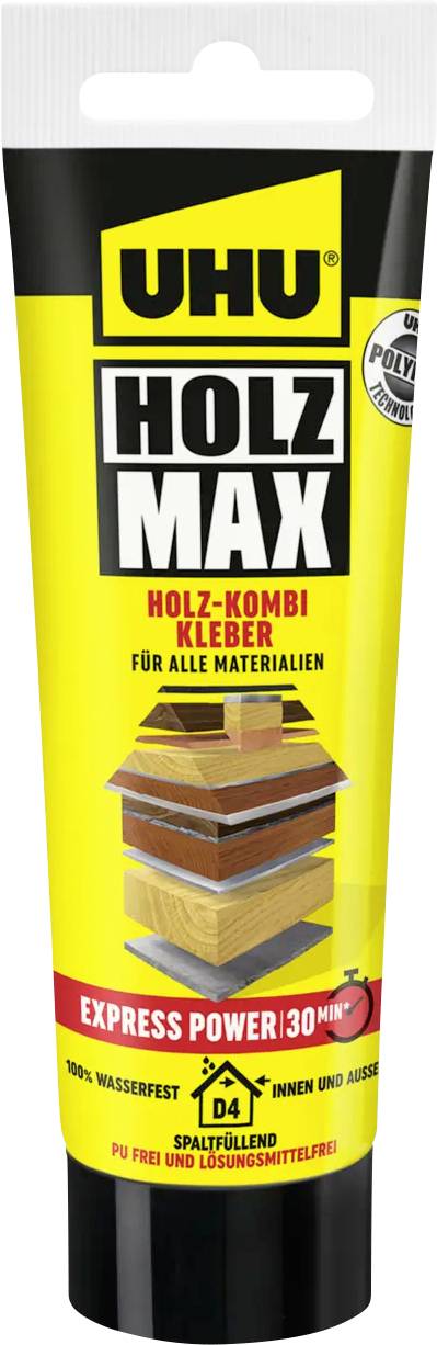 Tube de colle à bois UHU HOLZ MAX, étiqueté 'HOLZ-KOMBI KLEBER' et 'Für alle Materialien', avec des panneaux de bois empilés à l'avant.