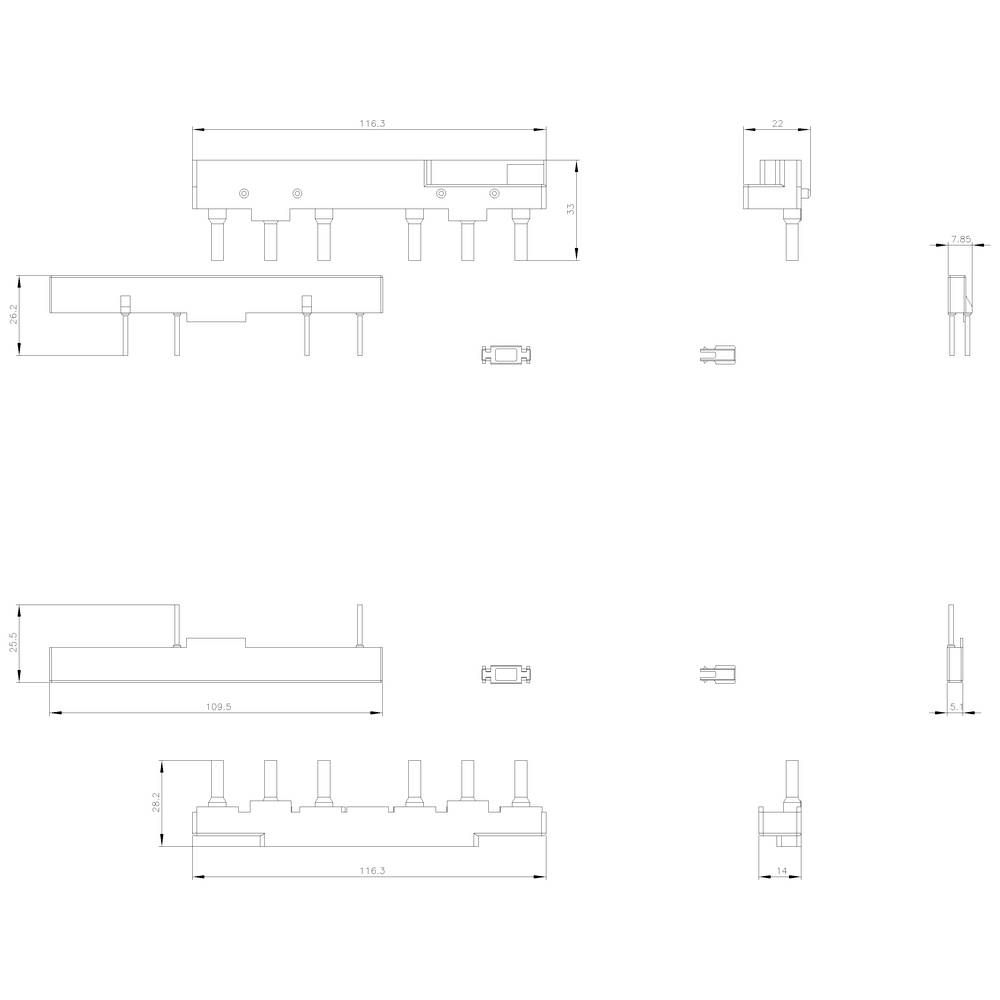 Dessin technique d'un composant rectangulaire avec plusieurs vues. Comprend des cotes et des perçages, vue de côté et vue de dessus.