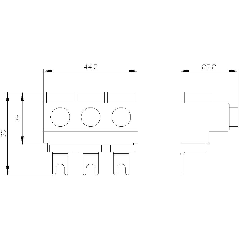Dessin technique d'un connecteur électrique avec les dimensions suivantes : largeur 44,5 mm, hauteur 39 mm, profondeur 25 mm et 27,2 mm. Connexion triphasée.