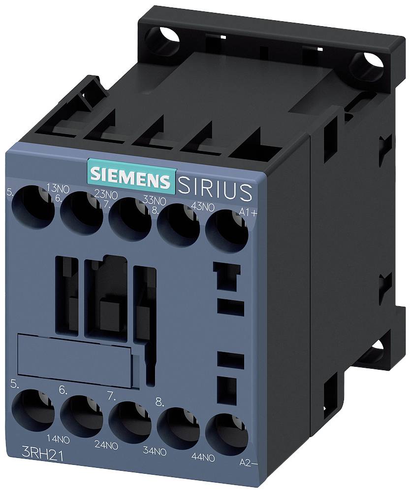 Contacteur industriel Siemens portant l'inscription 'Sirius'. Présente le modèle 3RH21, vue de face, boîtier bleu foncé et noir.
