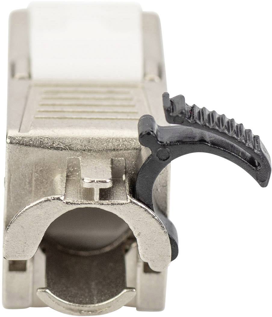 Connecteur RJ45 métallique avec levier noir, vue de face. Connexion prête pour câble réseau ou de données.