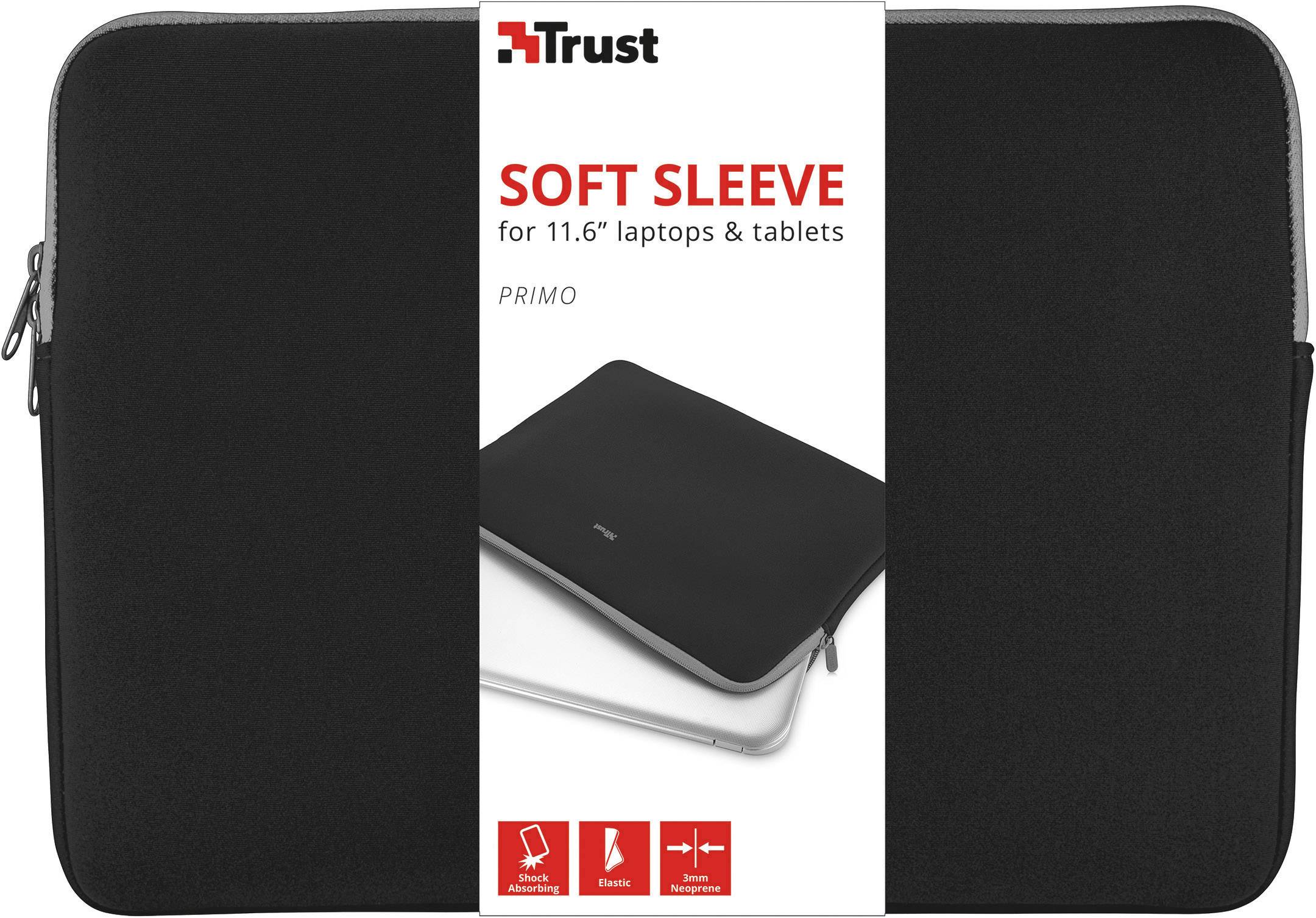 L'emballage d'une housse noire pour ordinateurs portables et tablettes de 11,6 pouces de la marque Trust, modèle 'Primo', avec fermeture à glissière.