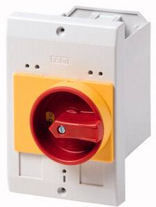 Interrupteur de la marque 'FIDE' installé dans le boîtier. L'interrupteur à bascule est rouge et jaune et sert à la coupure de sécurité électrique.