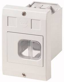 Un adaptateur de prise murale rectangulaire blanc avec une protection transparente en plastique recouvrant l'ouverture de branchement, fixé par deux vis.