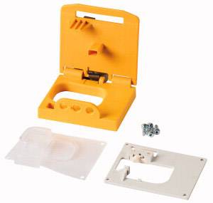 Bouchon en plastique orange avec des vis et des plaques de couverture blanches, probablement un kit de montage.