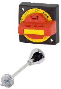 Bouton d'arrêt d'urgence avec poignée tournante rouge et jaune et broche de fixation séparée.