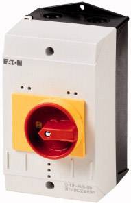 Commutateur électrique rotatif dans un boîtier avec une poignée jaune et rouge, probablement destiné à être utilisé dans des tableaux de commande ou des systèmes de contrôle.