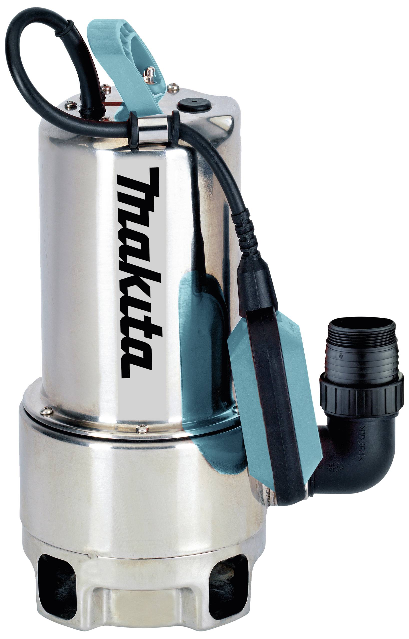 Une pompe de puisage argentée avec un raccord de sortie en plastique noir et une poignée de transport bleue. Marquage 'Makita' sur le côté.