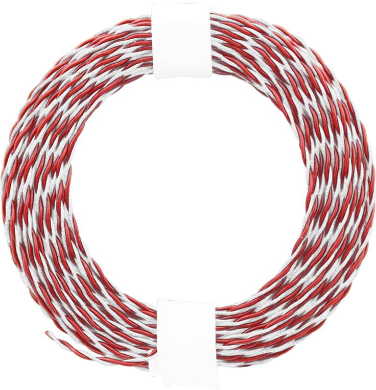 Un câble torsadé rouge et blanc enroulé, présenté dans une bobine ronde avec des supports blancs.