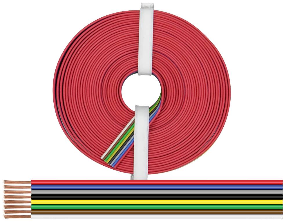 Bobine de câble rouge avec cinq câbles de sortie en rouge, bleu, jaune, vert et noir. Extrémités des câbles en cuivre visibles.