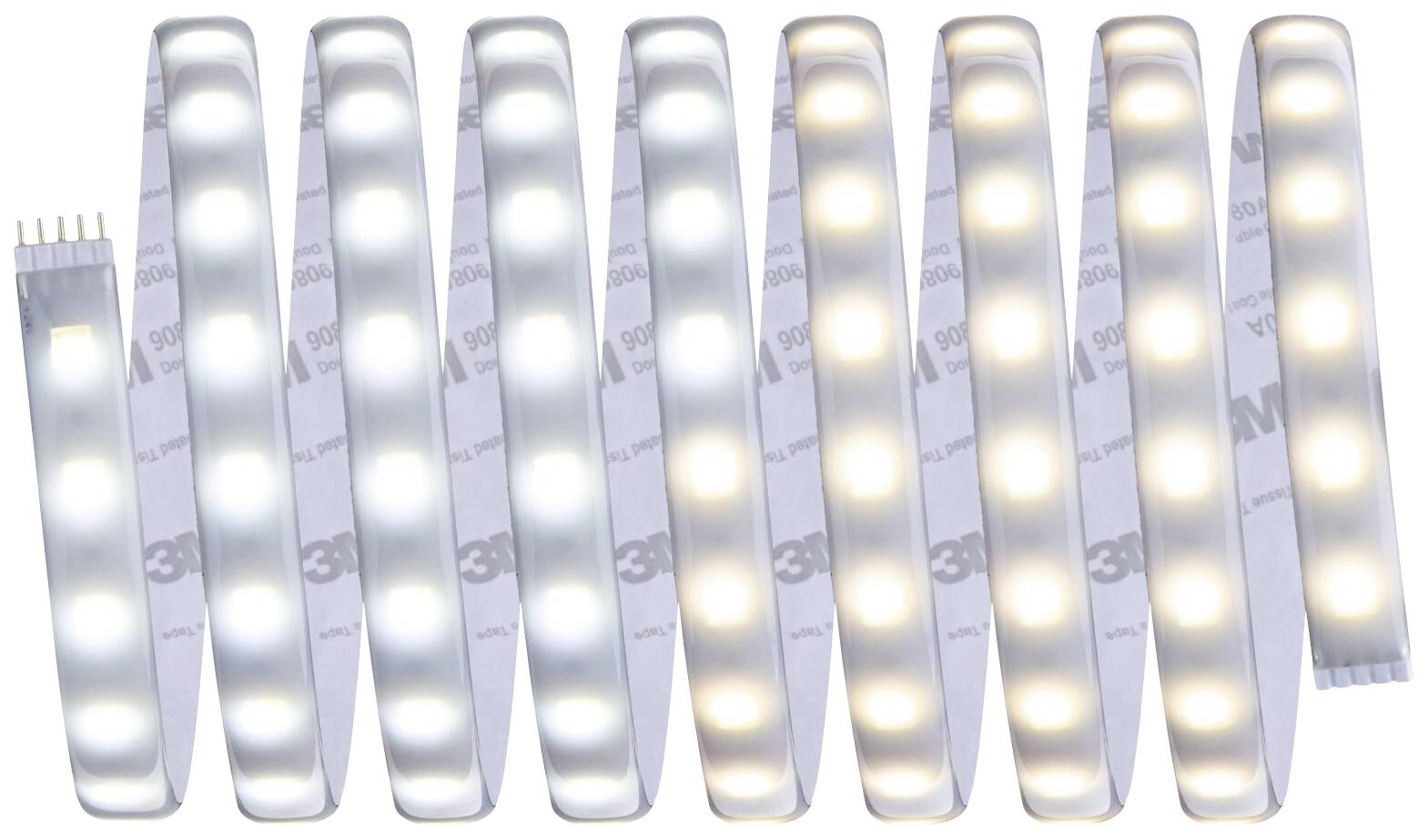 Une bande lumineuse LED avec plusieurs segments lumineux dans différentes nuances de blanc, alignés côte à côte.