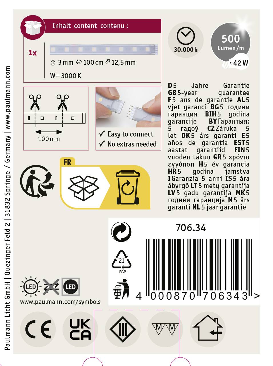 Paulmann MaxLED RGBW 70634 Ruban LED (Extension) avec connecteur mâle 24 V 1 m RVB, blanc chaud 1 pc(s)