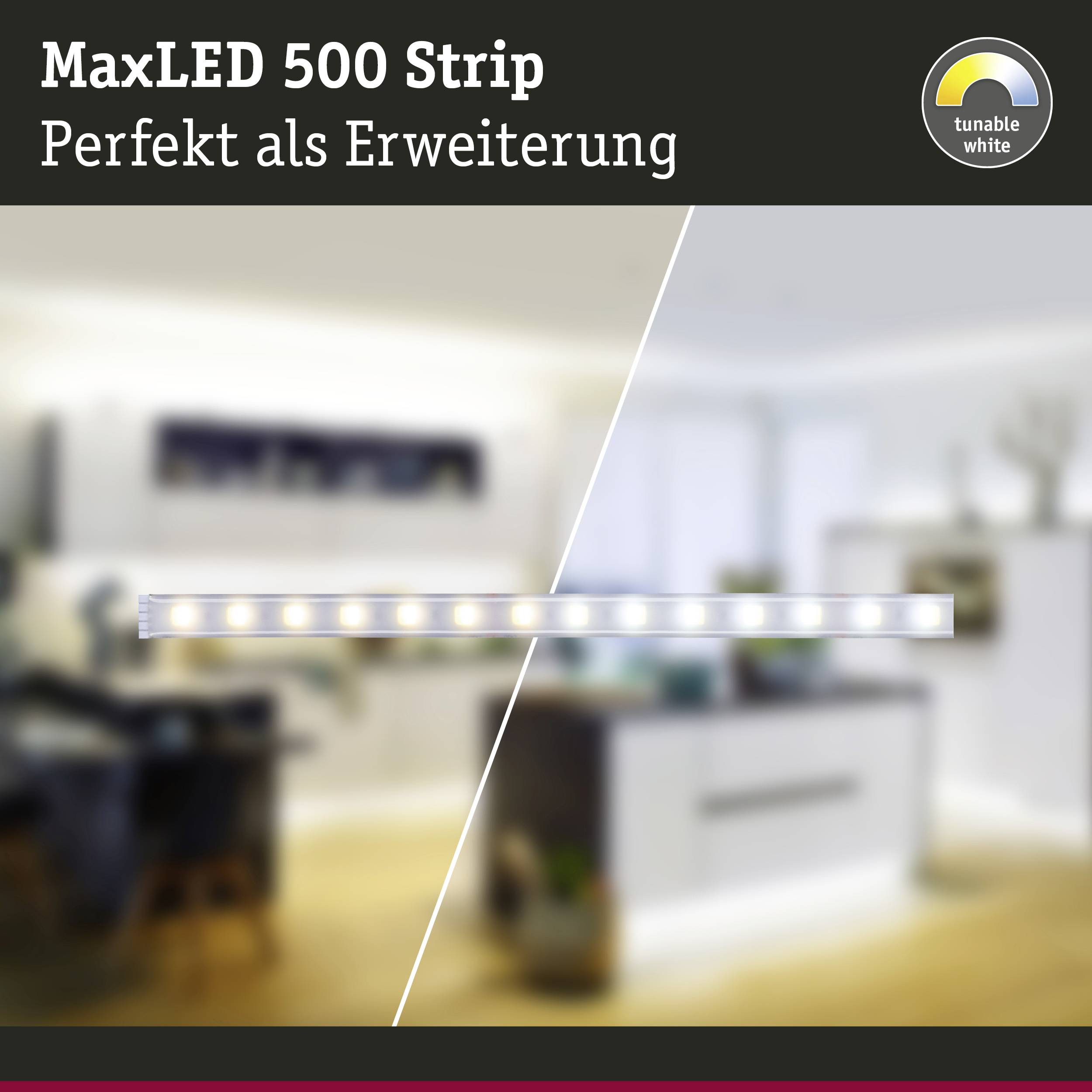Bande LED éclairée, étiquetée 'MaxLED 500 Strip, Parfaite comme extension', montrant sa variabilité d'éclairage dans un environnement domestique.