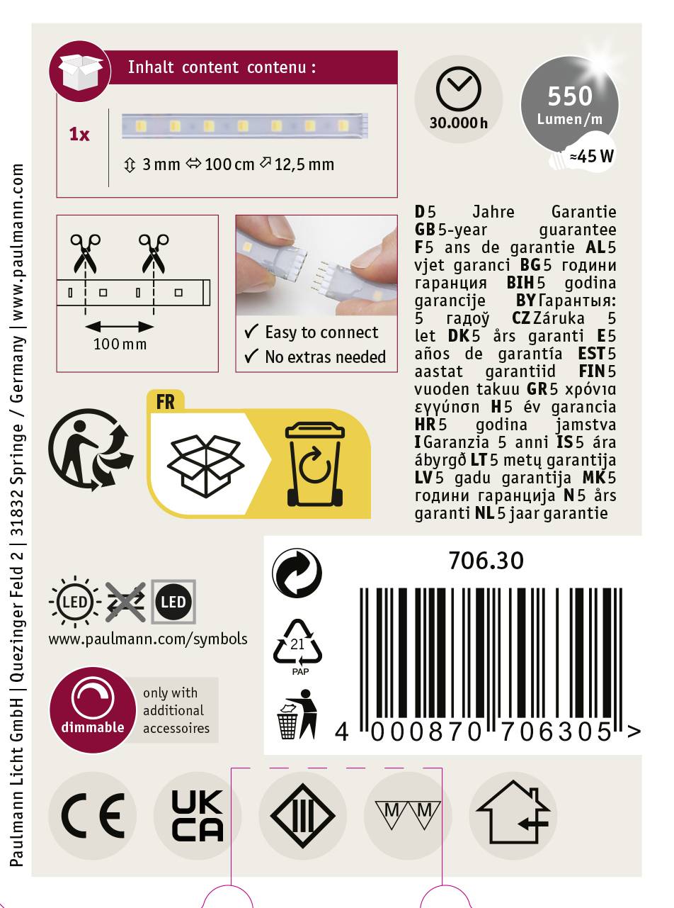 L'emballage de la lampe LED Paulmann présente des conseils d'installation, des informations de garantie et des symboles indiquant une durée de vie de 30 000 heures et 550 lumens.