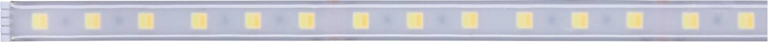Gros plan d'une bande LED avec des puces jaunes régulièrement réparties dans un boîtier transparent.