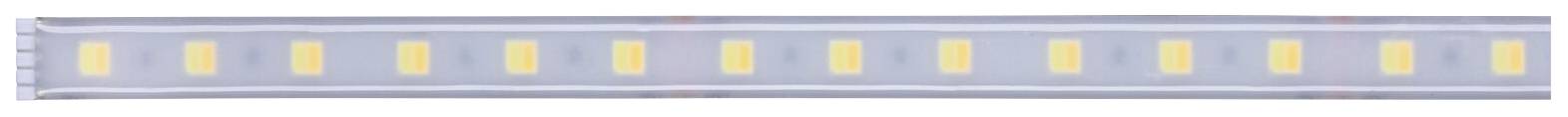 Une rangée de lumières jaunes rectangulaires sur un ruban LED linéaire, entourée d'un boîtier de protection transparent.