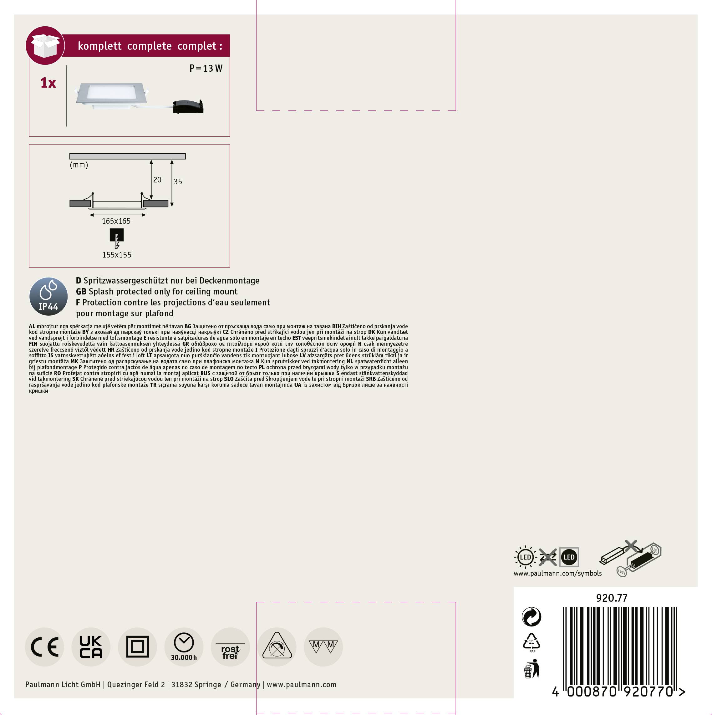 Spot LED encastrable pour salle de bains Paulmann 92077 N/A 12 W chrome