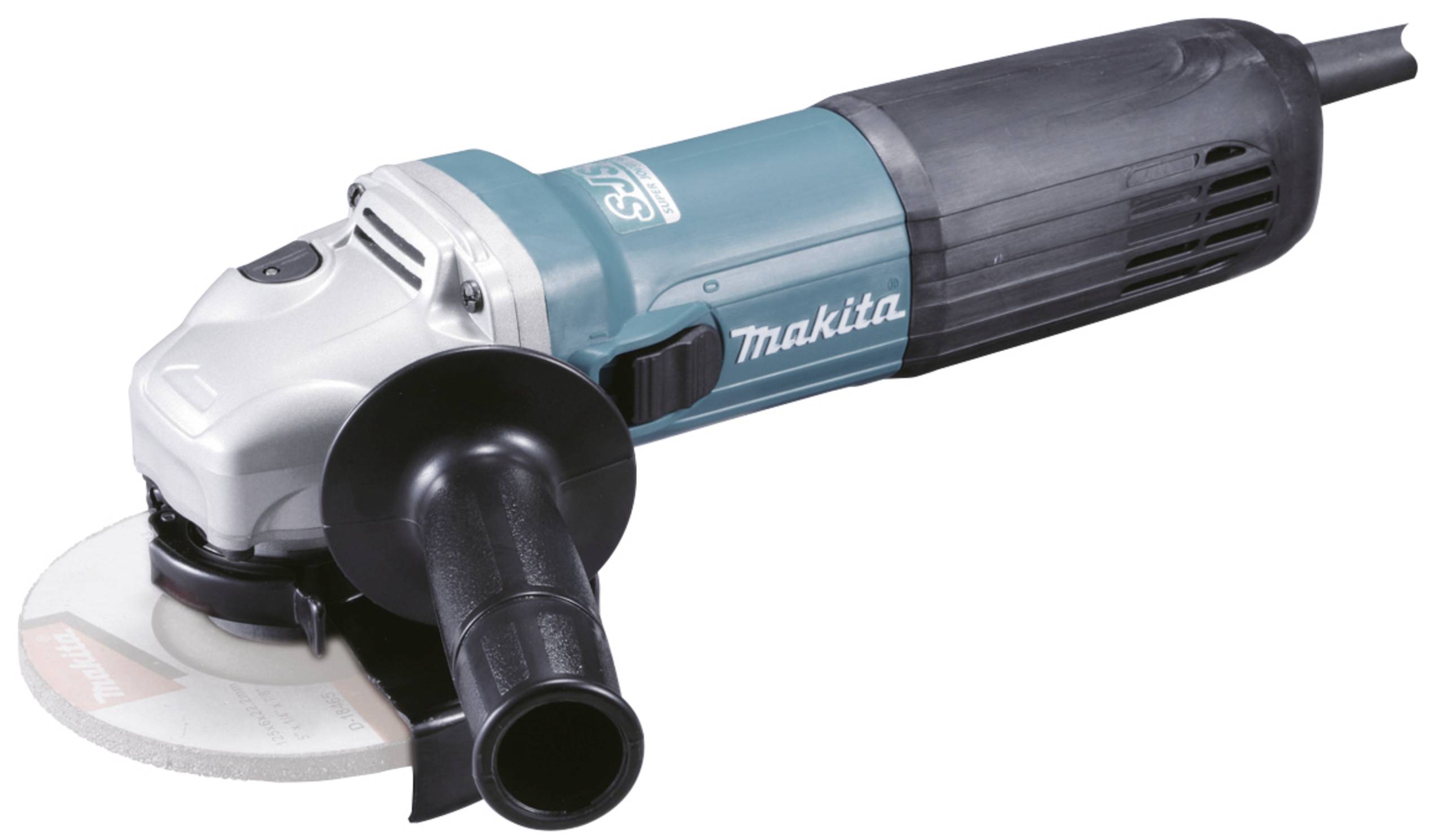 Un meuleuse d'angle avec un boîtier bleu, marquée de la marque 'Makita'. Utilisée pour les travaux de meulage et de coupe en atelier.