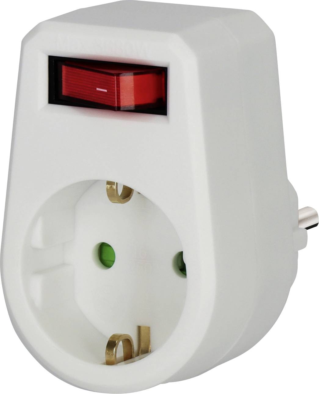 Adaptateur électrique blanc enfichable avec interrupteur basculant rouge et deux prises de courant rondes.