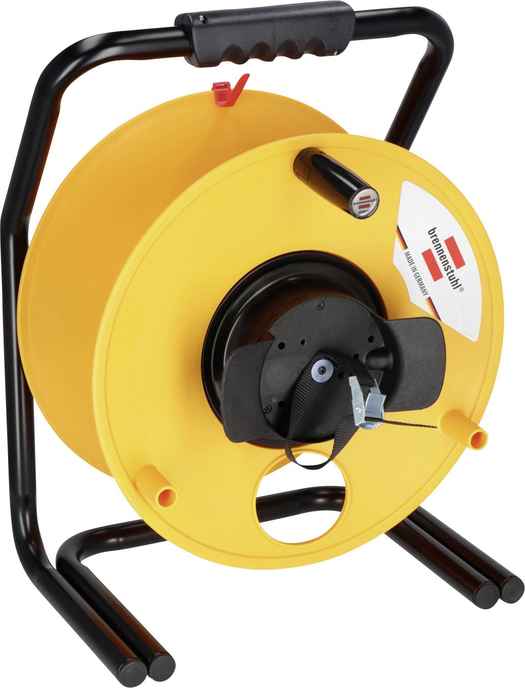 Bobine de câble jaune portable sur un châssis métallique noir avec une poignée, une prise de courant avant et un cordon de rallonge enroulé.