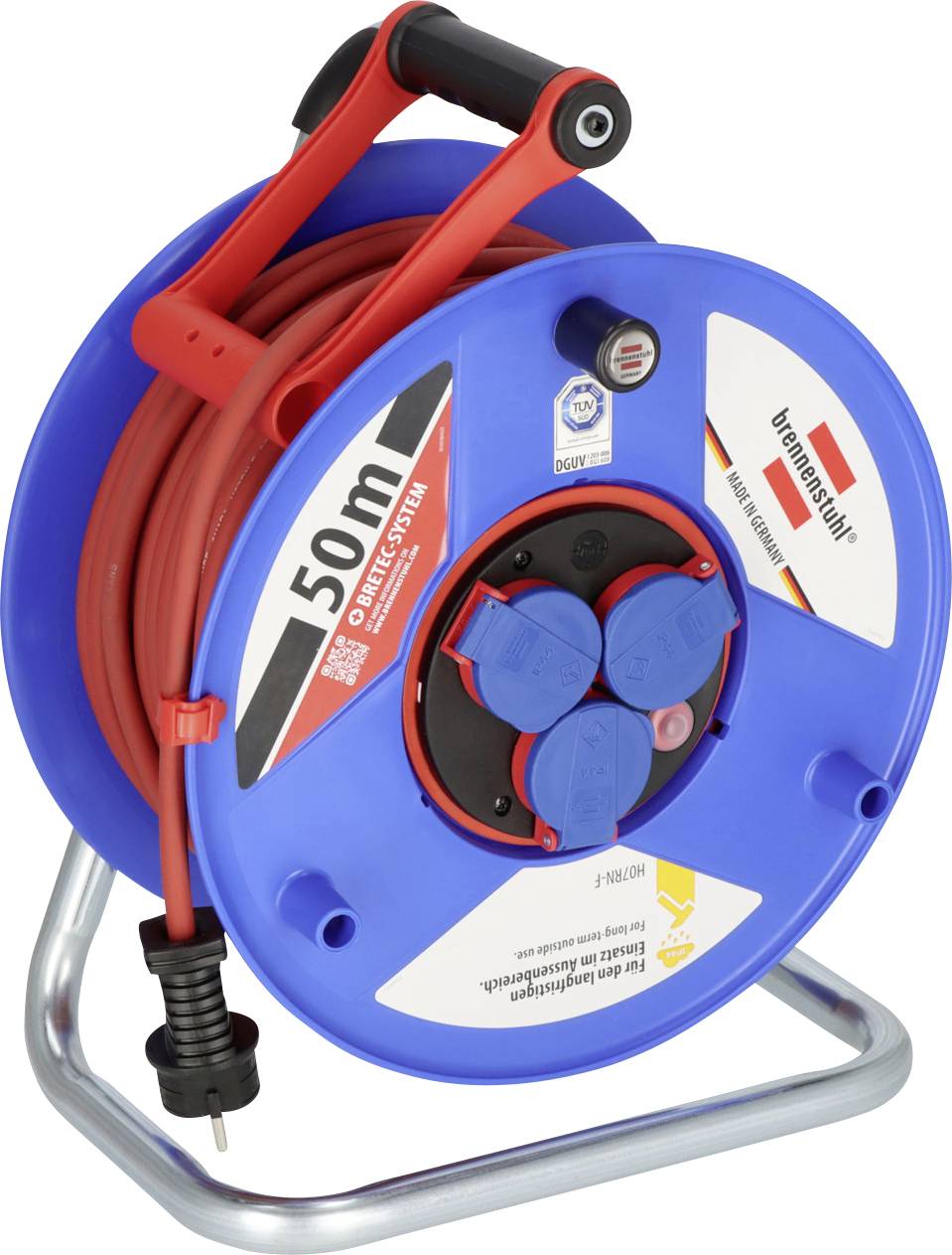 Enrouleur de câble portable avec un cordon d'extension rouge de 50m sur un châssis métallique bleu, montrant trois prises de courant bleues sur la façade.