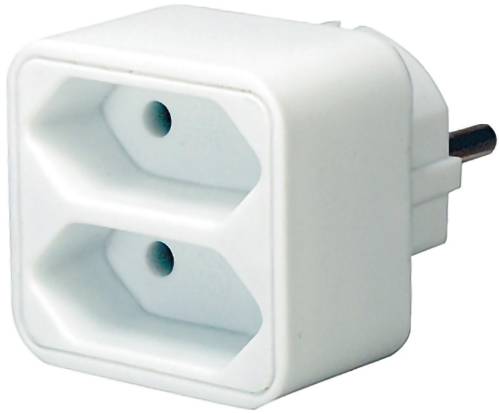 Adaptateur de prise électrique blanc à deux prises avec une broche ronde d'un côté.