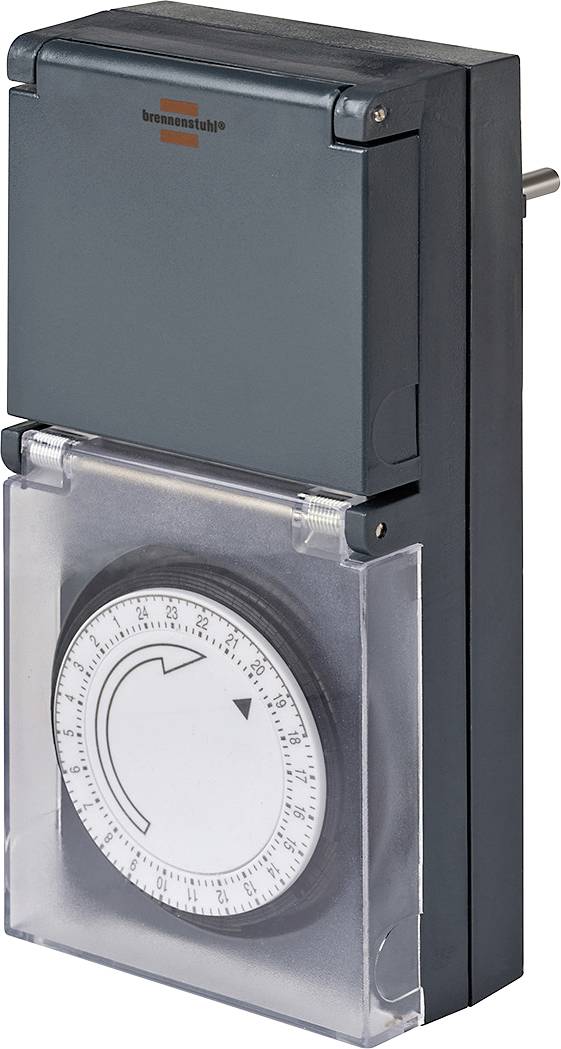Minuterie mécanique avec cadran circulaire et couvercle de protection transparent, utilisée pour programmer les heures d'activation et de désactivation d'un appareil électrique.