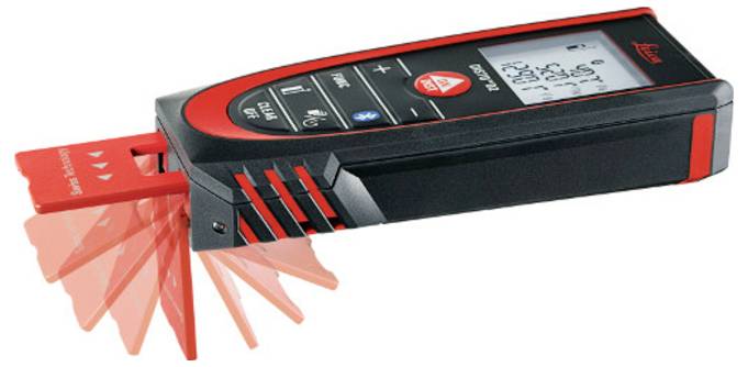 Un dispositif de mesure numérique avec un écran affichant des mesures, des boutons pour différentes fonctions, des touches rouges, et une partie mobile à l'extrémité permettant de mesurer des angles.