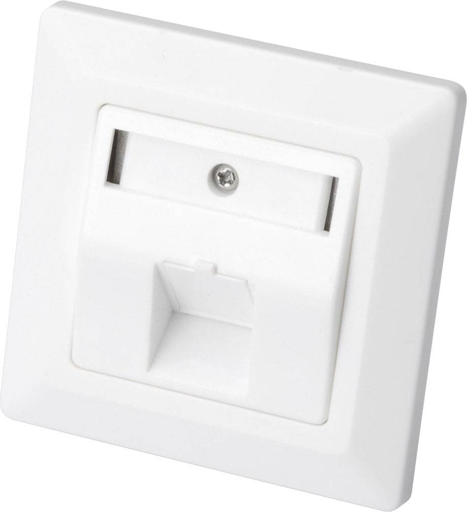 Prise murale blanche au format rectangulaire, avec un emplacement central pour la connexion réseau. Vis de fixation en haut.