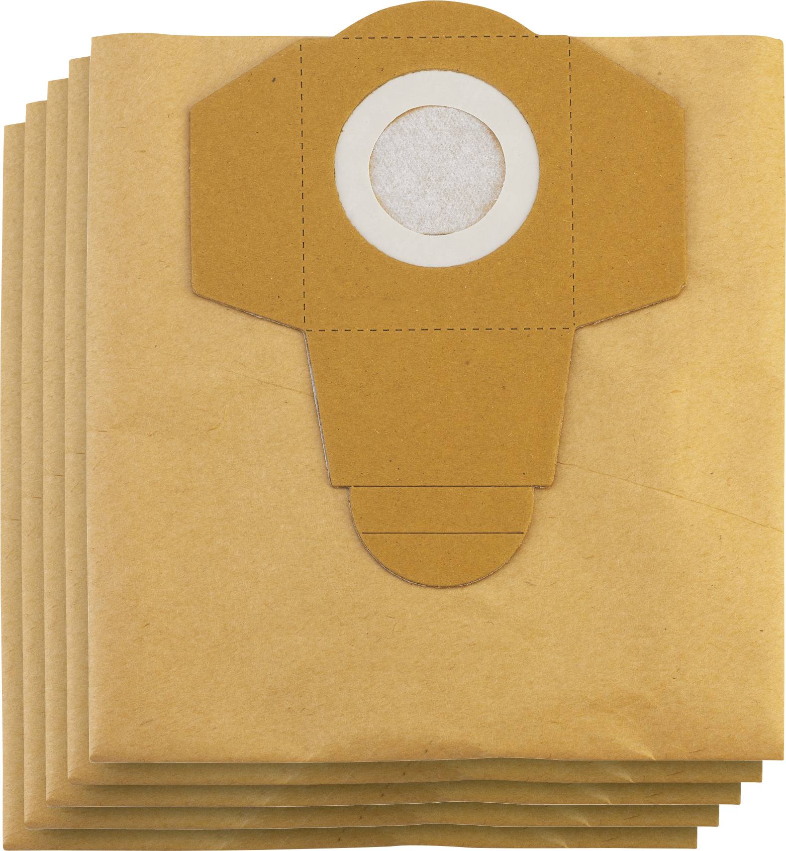 Pile de sacs d'aspirateur en papier brun avec une ouverture de filtre circulaire centrale.