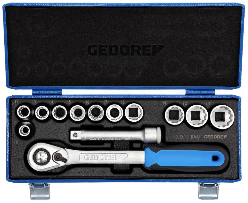 Coffret de douilles avec clé à cliquet dans un boîtier bleu. Comprend une clé à cliquet, une rallonge et plusieurs douilles de différentes tailles.