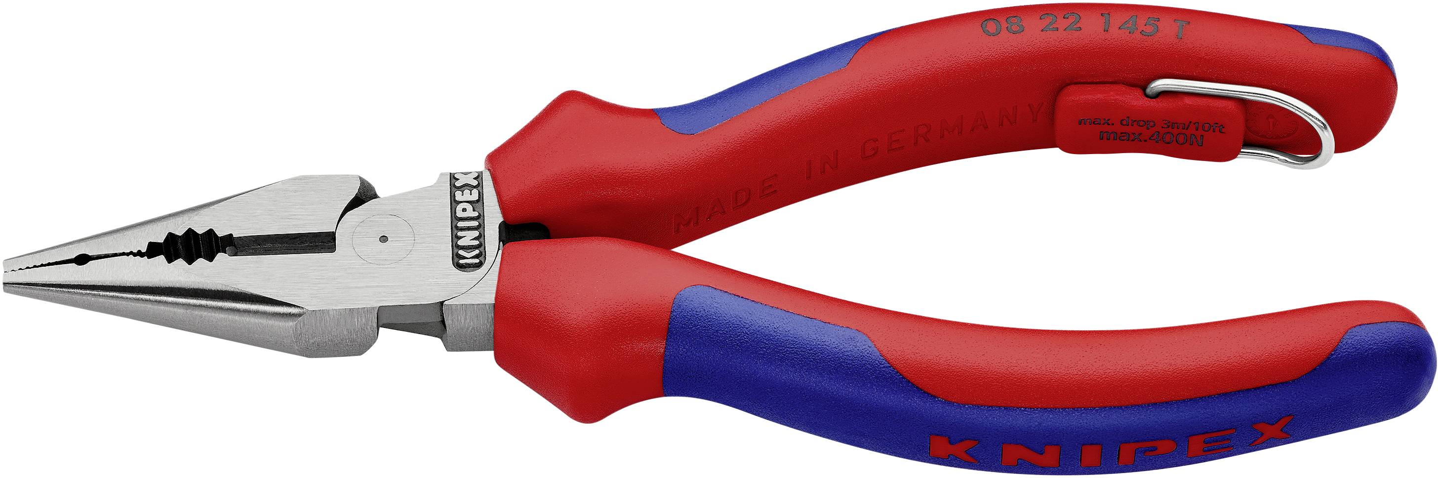 Pince pointue avec oeillet de fixation, avec poignée bi-matière, 145 mm Knipex 08 22 145 T